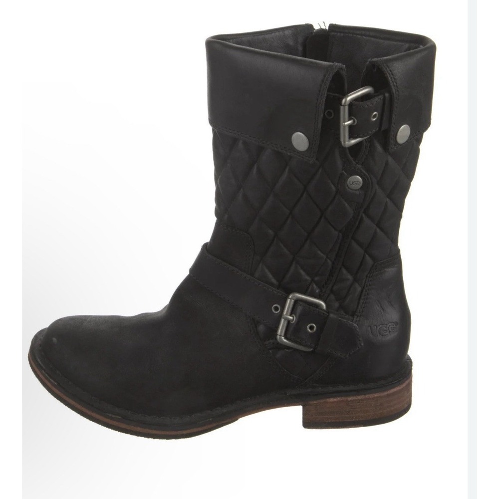 UGG Conor Quilted Black Leather Australia Mid Moto Boots Size 6 Bike